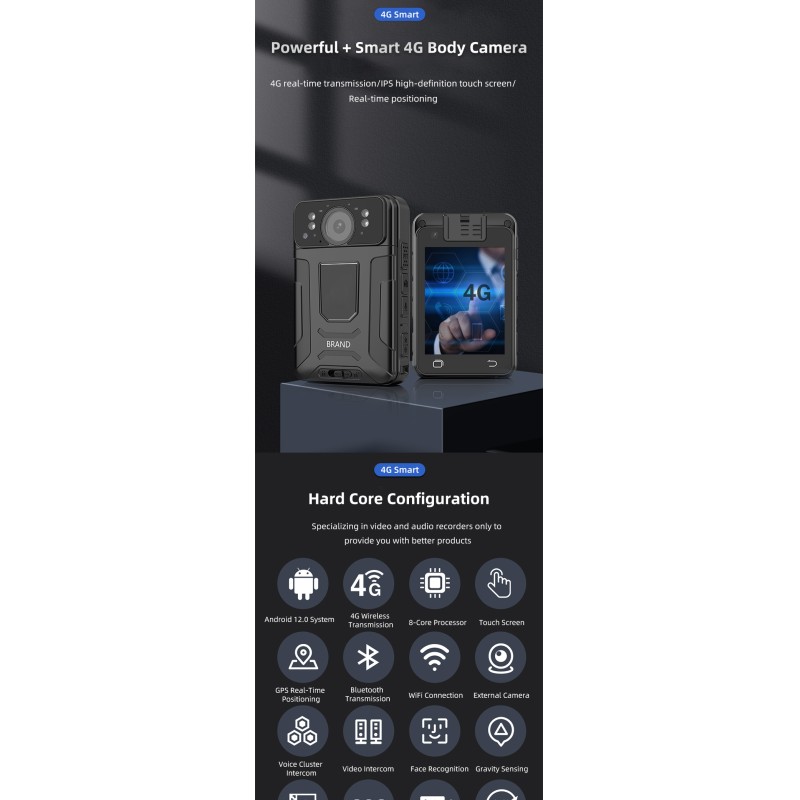 4G 2K HD Body Worn Camera Dual Cameras Support Wifi&Bluetooth and GPS with 2.8'' Touch Screen IP68 Waterproof Recorder Cameras