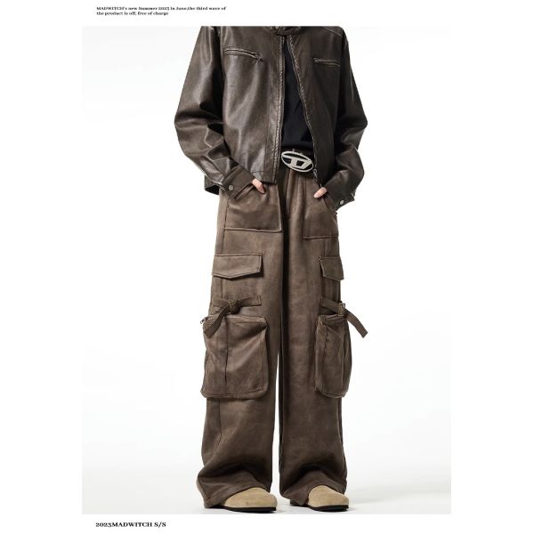 Loose Straight Leg Casual Trousers for Men Vintage Multi-Pocket Deerskin Overalls