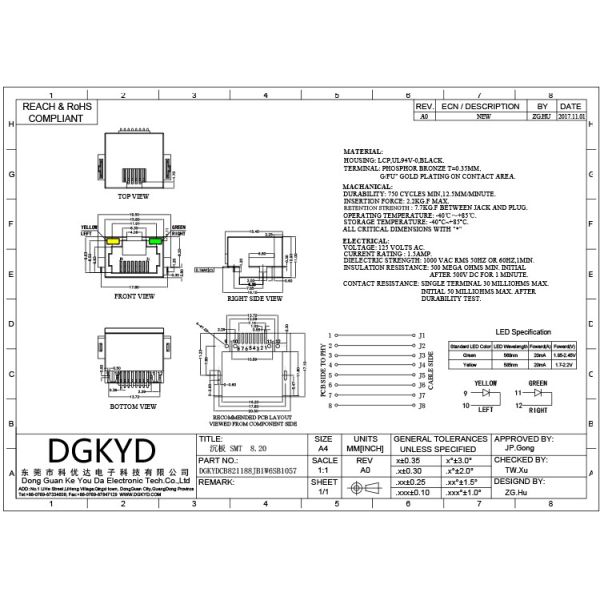 Гнездо соединителя RJ45 плиты раковины DGKYDCB821188JB1W6SB1057 8,2 полностью пластиковая лампа СИД
