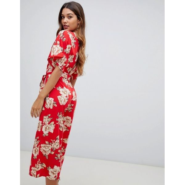 custom make V neck tie waist floral jumpsuit for girls