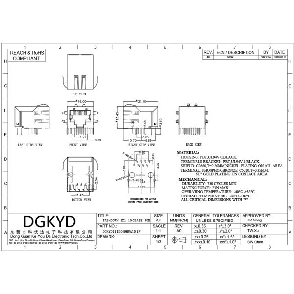 Single Port 100Mb Integrated Magnetics Network Jack Rj45 POE Connector