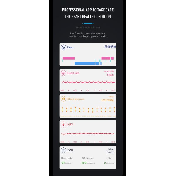 ЭКГ PPG Шагомер HR Монитор Смарт-браслет Фитнес-трекер Часы с кровяным давлением