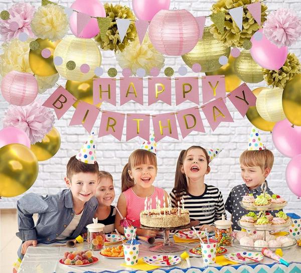 Pink Gold Paper Issue Balloon Kid Children One Year Birthday Girl 1st Birthday Decoration Set