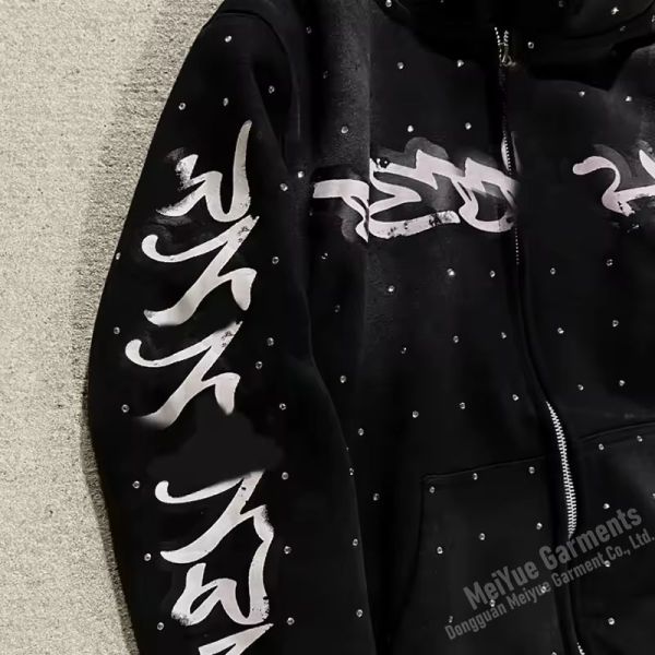 Custom Rhinestone Screen Print Logo No Strings Oversized Hoodie Distressed Heavyweight Cotton Zip up Hoodies Streetwear Hoodie