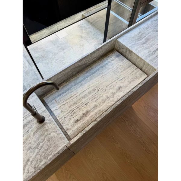 Dark Gray Travertine Bathroom Washbasin | Elegant Stone Vanity for Modern Interiors