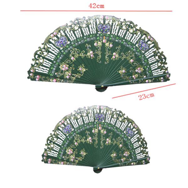 Round Head Flower Shape Carving Design Wood Hand Held Fan Hand Painted Spanish Fan