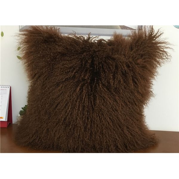 Living Room 16 Inch Mongolian Fur Pillow Long Curly Hair With Micro Suede Lining