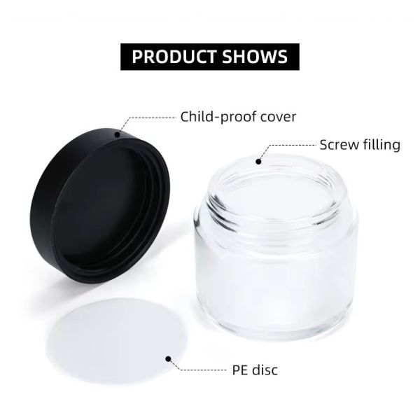 Clear Smell Proof Jars Food Storage Container Wide Mouth Airtight Clear Empty Glass Jars With Black Caps Wholesale