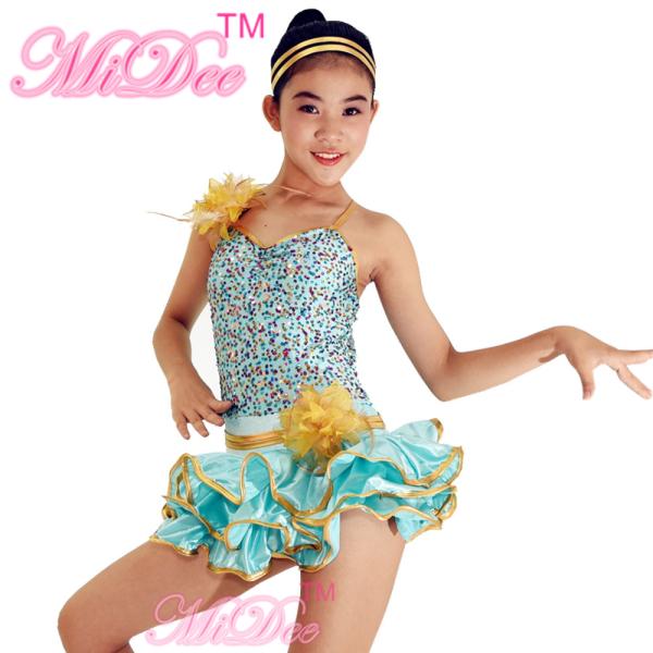 Gold Metallic Edged Hip Hop Dance Costumes Tiered Wire Hem Skirt Sequins Bodice with Flowers Trims