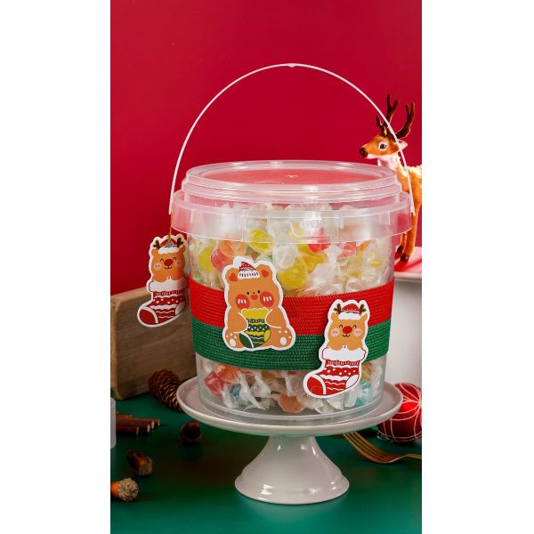 1L de espesor decorativo redondo baldes de plástico con mango para el regalo de Navidad paquete de juguete