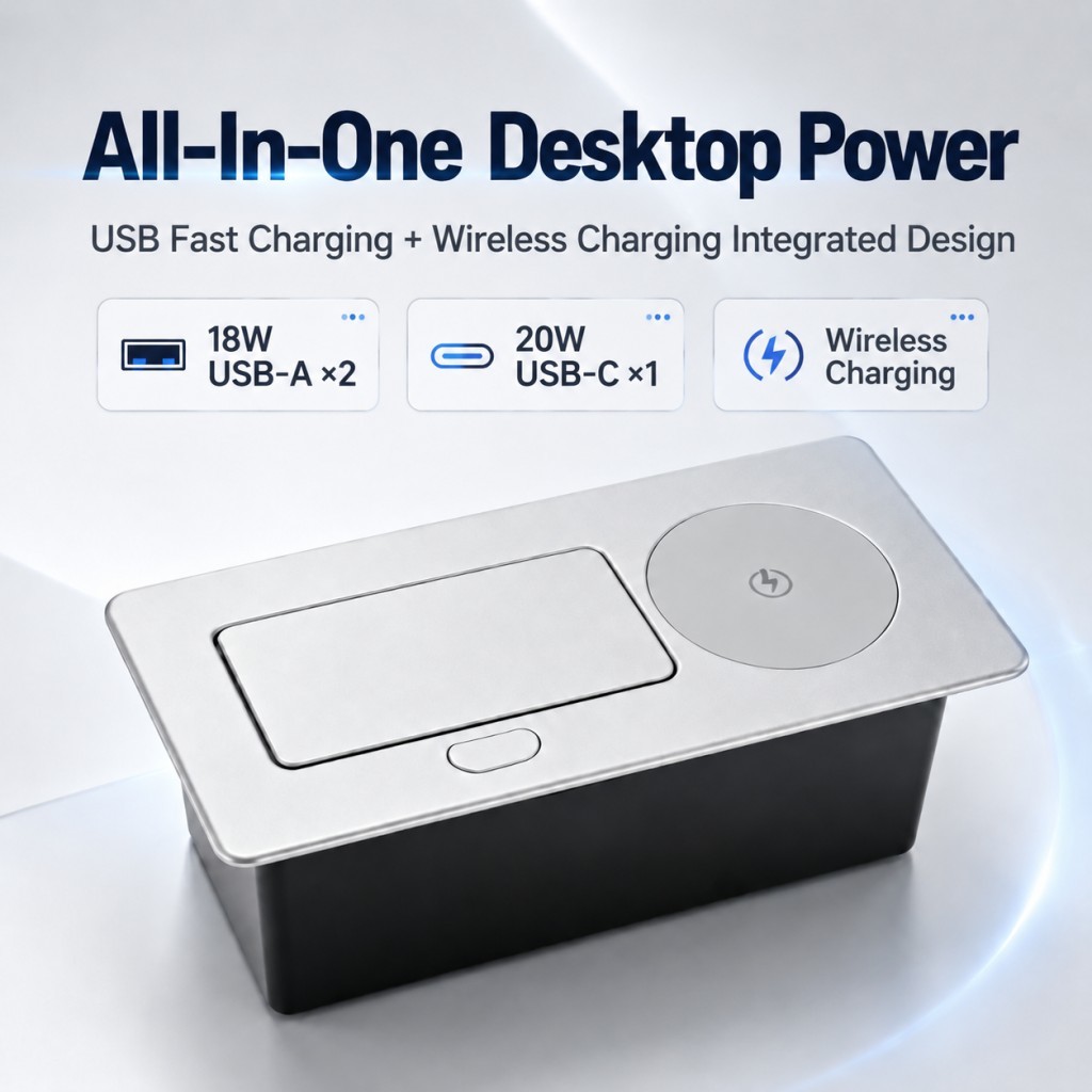 Pop-Up Power Grommet Hub with 20W USB-C Fast Charging and 15W Wireless Charger in Fire-Retardant Aluminum Design