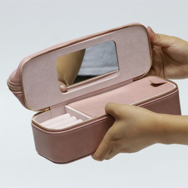 Leather Zipper Mirror Makeup Brush Cosmetic Storage Travel Jewelry Organizer Gift Bag