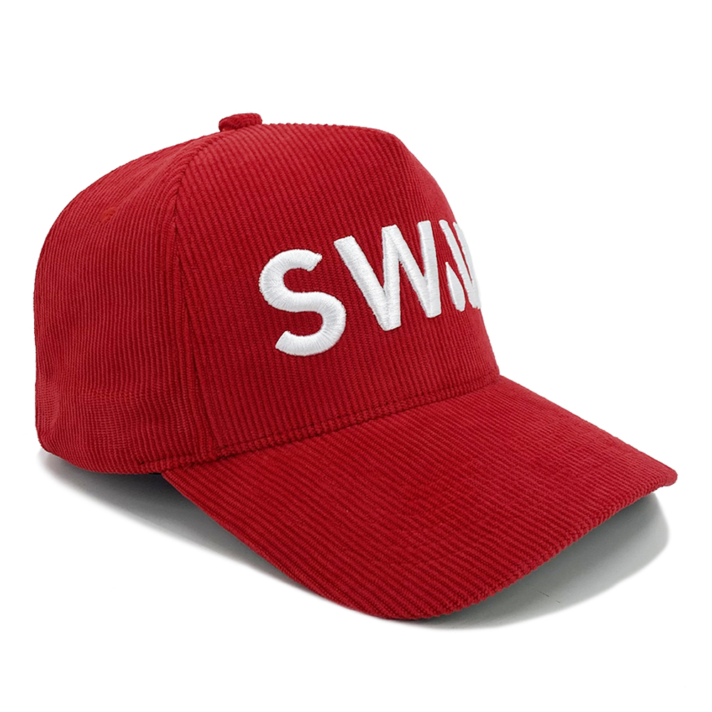 3D Embroidery Corduroy A Frame Snapback Hats 5 Panel Curved Brim Red Gorras With Inside Label