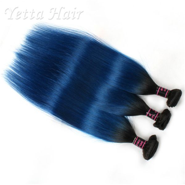Straight Peruvian Dark Roots Blue Ombre Human Hair Extensions Colorful Hair