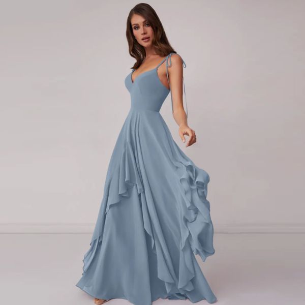 New Style V-neck Dusty Blue Chiffon Tiered A-line Bridesmaid Dress Zipper Ruffles Floor-Length Spaghetti Straps