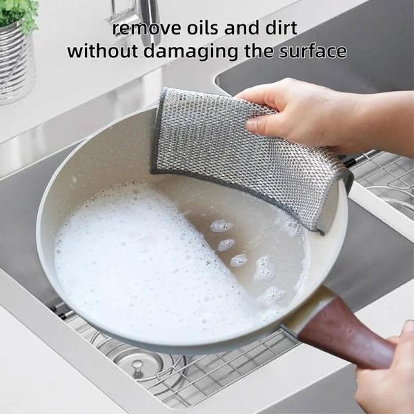 KILINE Multipurpose Kitchen Supplies Microfiber Wire Dishcloth Non Scratch Layer Double Sided Silver Cleaning Cloths