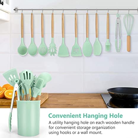 18-Piece Green Silicone Cookware Set with Storage Bucket Non-stick Spatula Included