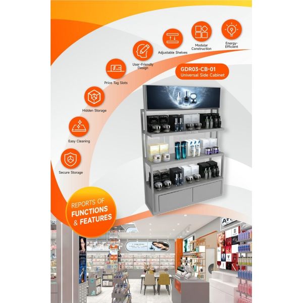 GDR03-CB-01 Universal Side Cabinet with Soft Film Light Box and Black Aluminum Price Tag Holder for Specialty Beauty Stores