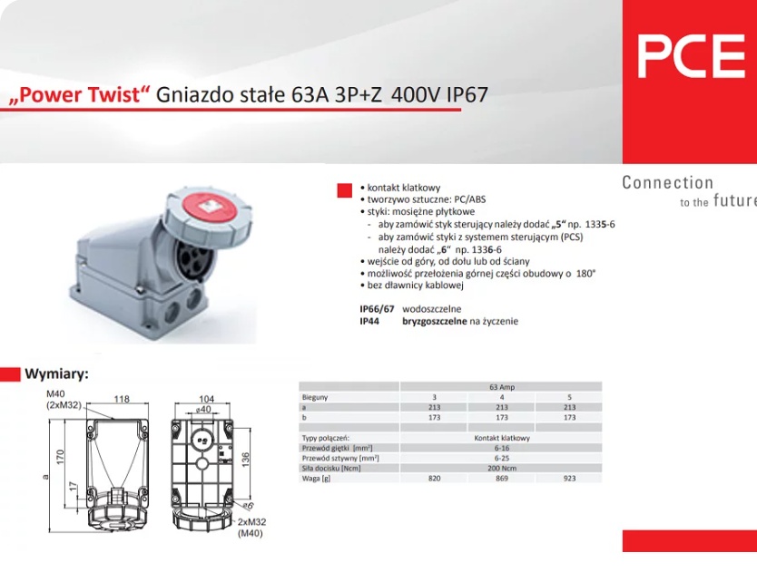 PCE Shore Power Industrial Waterproof Explosion-Proof Three-Phase Fixed Installation Plastic Socket 380V-63A-4 Pin-IP67-Typ134 1