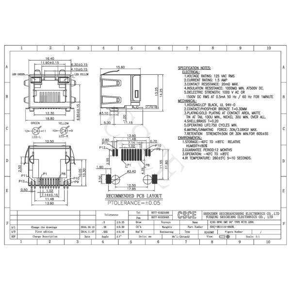 8P8C Surface Mount Modular Jack , Surface Mount RJ45 With Green / Yellow Led