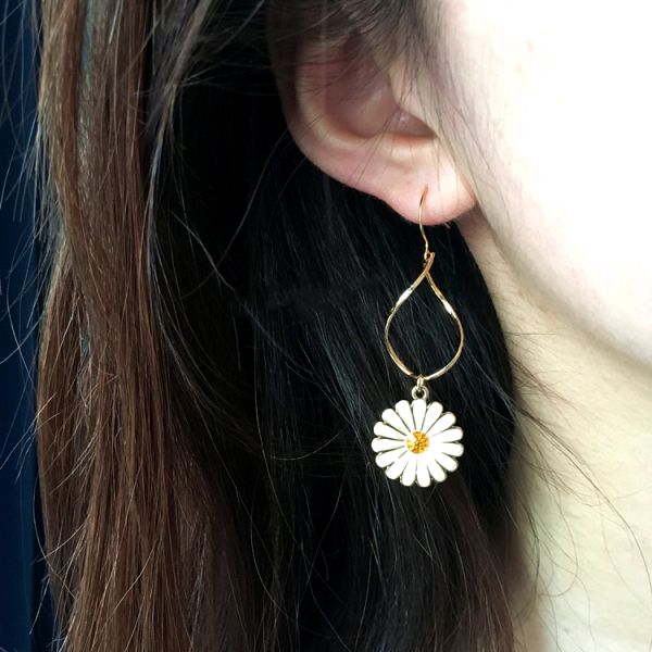 Painless Metal Daisy Long Pendant Charm Earring Clips 14K Rose Gold For Wedding And Party