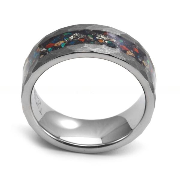 Bague en carbure de tungstène incrustée de météorite d'os de dinosaure évaluée par un tiers, 8 mm, argent martelé, bague de mariage de mode pour hommes