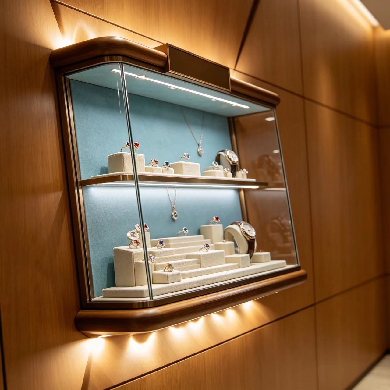 Modern Jewelry Display Table and Jewelry Display Stand with Integrated LED Strip Lighting, Clear Glass Shelving, and Ample Hidden Storage