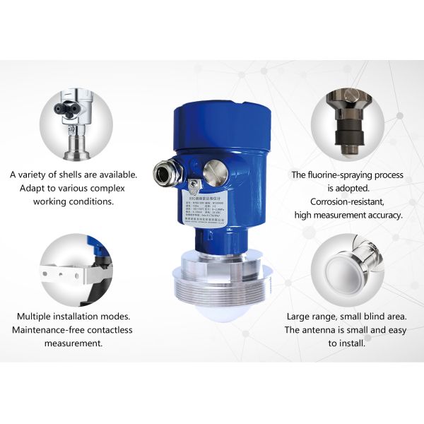 80GHz Radar level Transmitter process temperature -40~+260℃ and process presure -0.1~2.0MPa  and process connection thread franges clamps with IP67