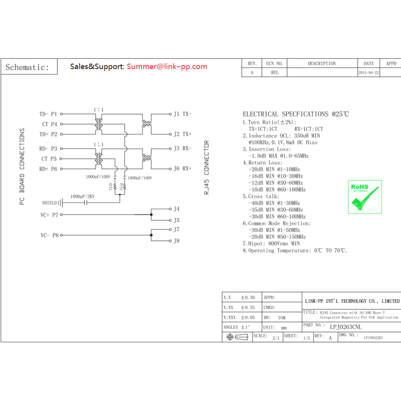 LPJ0263CNL 8 Pin POE RJ45 Connector Designed To Intelligent Ultrasonic Apparatus