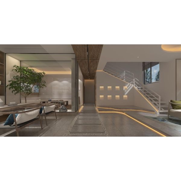MODERN ZEN-INSPIRED SPACE BLENDS SOFT AMBIENT LIGHTING, NATURAL WOOD TEXTURES, AND FLOWING STONE PATHWAYS. THE CIRCULAR WINDOW AND NEUTRAL TONES CREATE A SERENE ATMOSPHERE