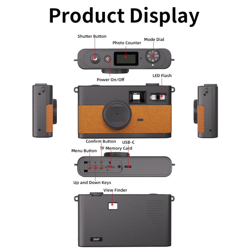 Retro Easy to Use Screenless CMOS Digital Camera 8MP Photo 8 Mode Filters with LED Flash for Camping Party Photography As Gifts