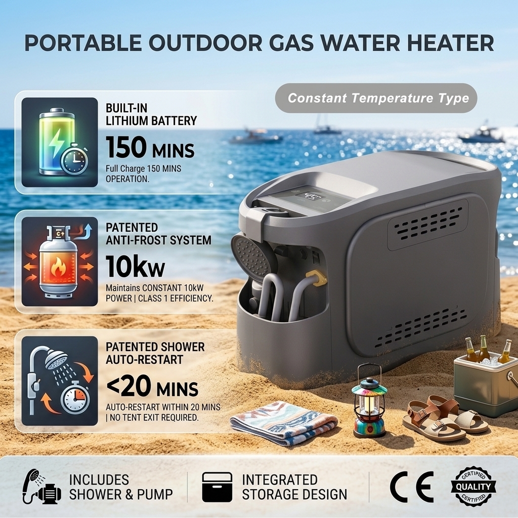 Portable Electric Propane Gas Water Heater for Car USB Battery Instant Hot Water Camping RV Travel Outdoor Copper Heat Exchanger