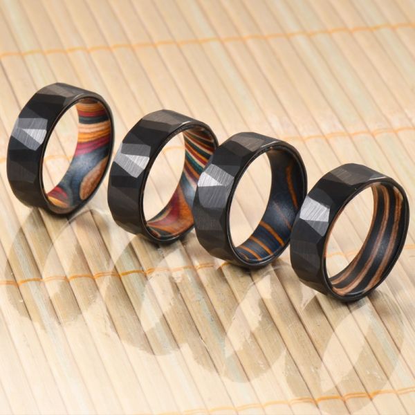 Sample Making Service 8mm Wedding Rings Box Elder Wood Colourful Hammered Black Faceted Tungsten Carbide Ring