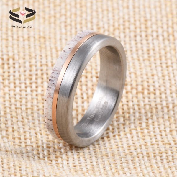 Jewelry 6mm Tungsten Band for Men Women Inlay Deer Antler Wedding Ring Other Diamond Shape and Pearl Type