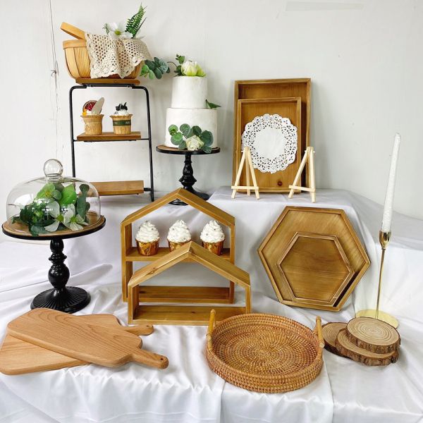 2-Tier Hexagonal Wooden Display Riser White Farmhouse Tray for Kitchen and Bathroom