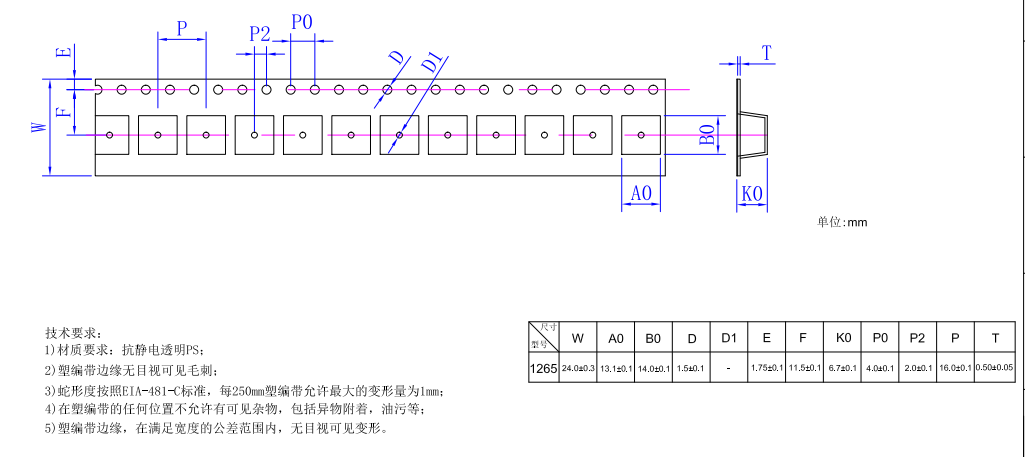 PS1265T01 Semiconductor Carrier Tape High Transparency For 24mm Packaging