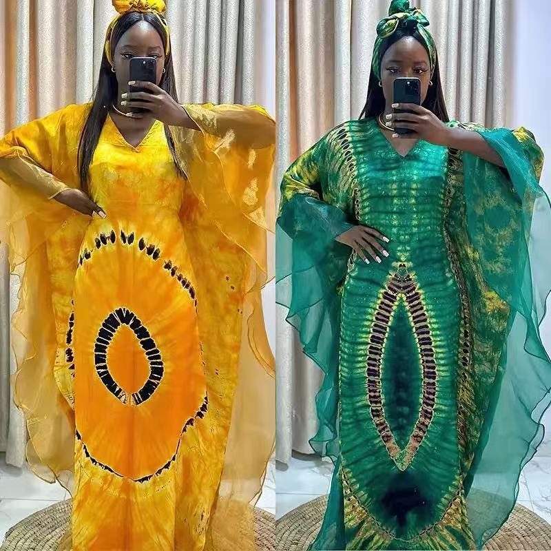 Women’s African Print Chiffon Kaftan Dress with High-Waist Design for Elegant Casual Wear