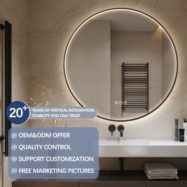 Luxury Circular Commercial Mirrors , Round Black Framed LED Bathroom Mirror