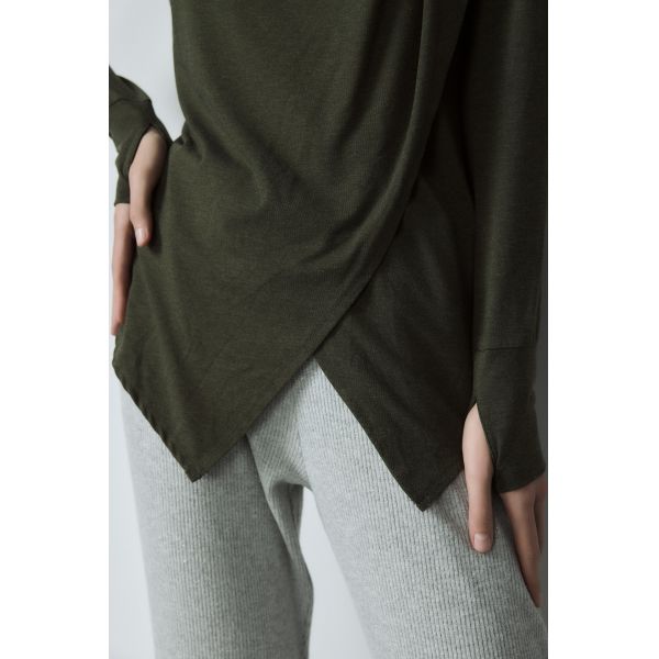 Pleated Shoulder Basic Tops Cotton Spandex Long Sleeve Shirt Balanced Volume