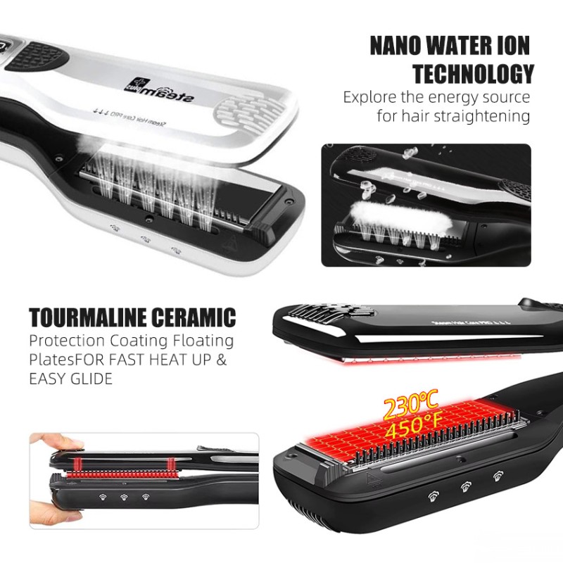 Professional Electric Ceramic Hair Straightener with LCD Display Steam 5-Level Adjustable for Salon Hotel Outdoor & Home Use