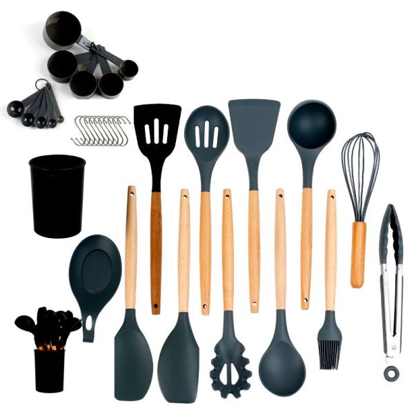 Stocked Silicone Kitchenware Cookware Sets With Wooden Handle Heat Resistant for OEM/ODM