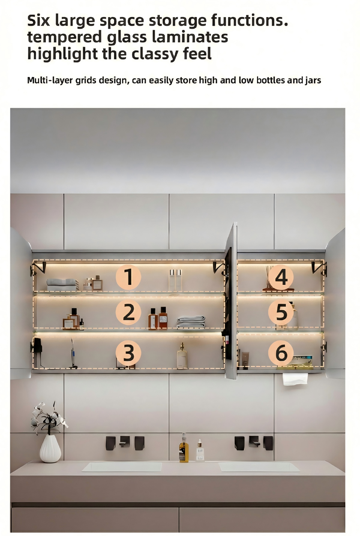 Kingstin LED Mirror Cabinet,Mirror with Defogger & Memory Function, Built-in Socket/USB for Hair Dryer, Digital Display