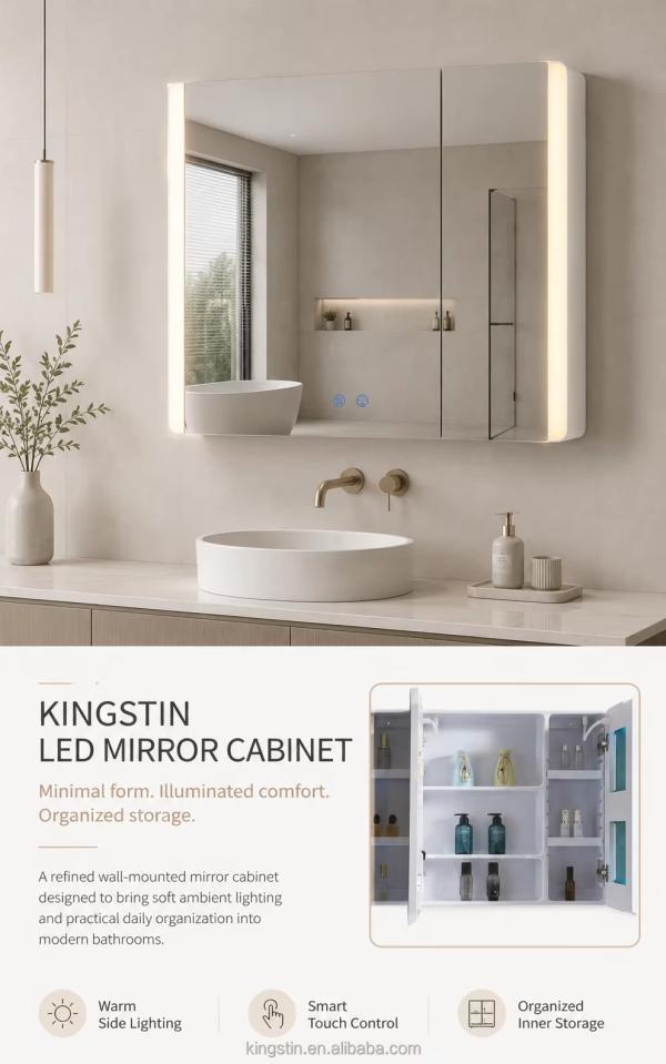 Kingstin Custom ABS LED Bathroom Mirror Cabinet with Storage for Hotels and Homes, 3 Color Temperatures and 5 Flexible Options