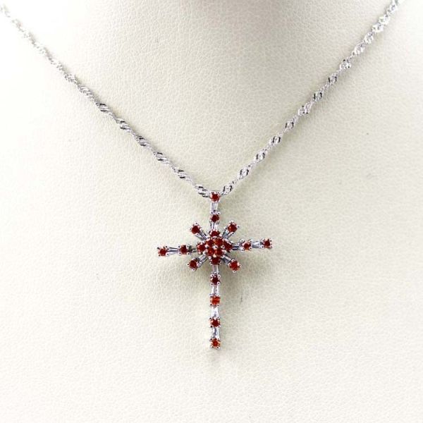 Women Jewelry 925 Silver  Pink Cubic Zirconia Cross Pendant Necklace  (P37)
