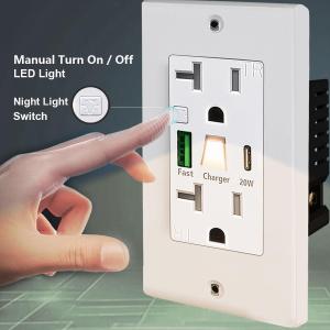 20A 125V 急速充電 USBコンセント ナイトライト付き