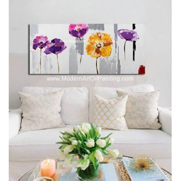 Hand Painted Abstract Art Canvas Paintings , Acrylic Purple Floral Wall Art