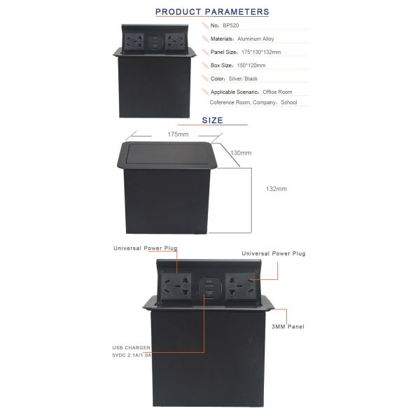 BNT Pop up Electric Desktop Socket with USB Charger for Training Room BP520