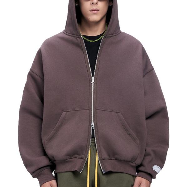 Roupas de rua de colarinho com capuz, zip up castanho, top de cultivo com 500 gsm.