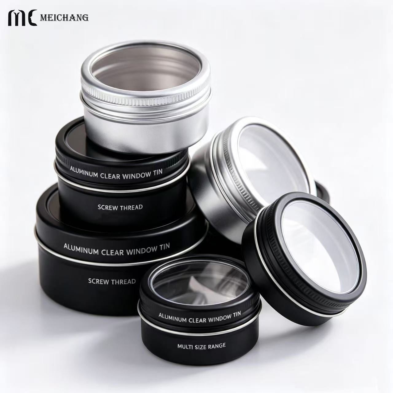 15ml–150ml Round Aluminum Screw Top Tin Jar with Clear PVC Window Lid (MC-809）