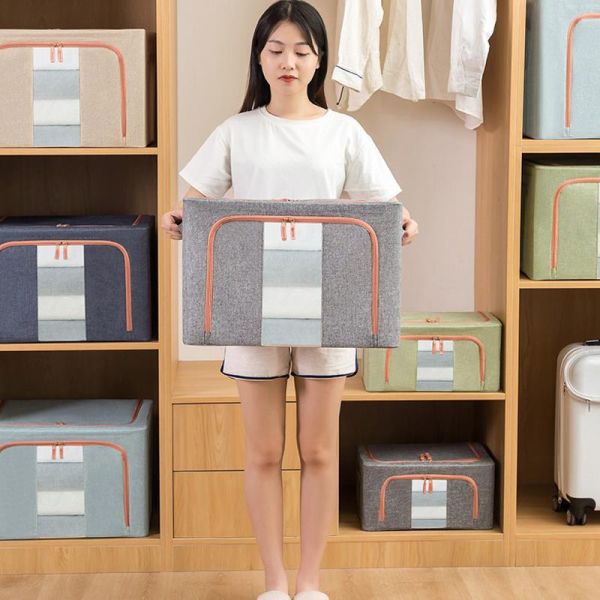 66L Large Capacity Folding Cotton Linen Household Quilt Clothing Collapsible Dustproof Cover Storage Box Organizer